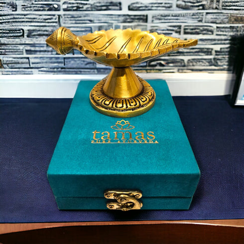 Tamas Brass Leaf Diya with Stand Ethnic Design Handmade | Free Luxury Gift box